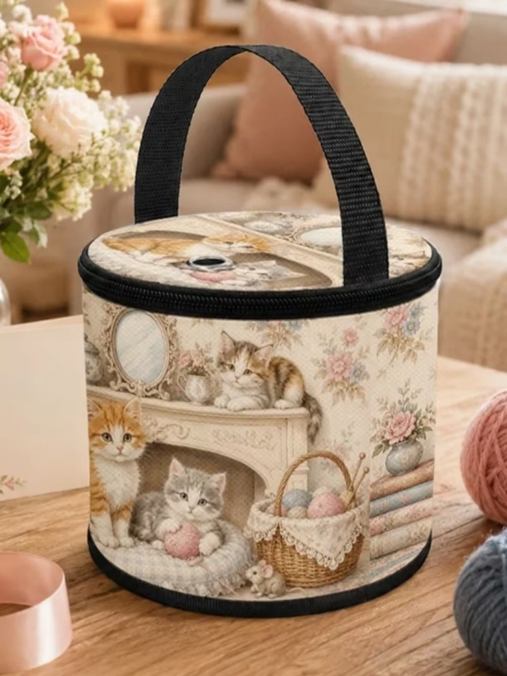 Cat-Themed Yarn Keeper Tote in Cream and Black with Handle